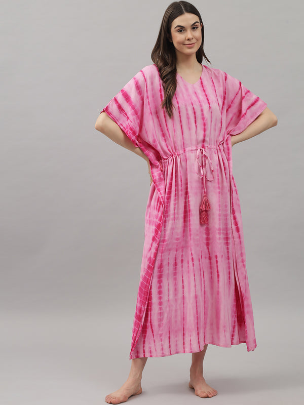 Pink Tie and Dye Print Rayon Kaftan