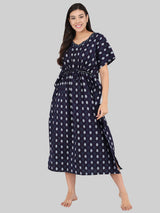 Navy Blue and White Leaf Print Cotton Kaftan
