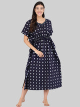Navy Blue and White Leaf Print Cotton Kaftan