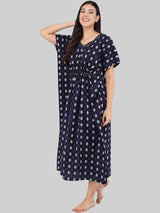 Navy Blue and White Leaf Print Cotton Kaftan