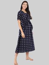 Navy Blue and White Leaf Print Cotton Kaftan