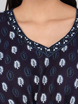 Navy Blue and White Leaf Print Cotton Kaftan