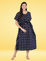 Navy Blue and White Leaf Print Cotton Kaftan