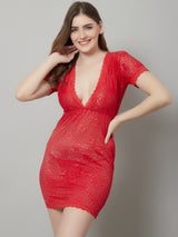 Babydoll Overall Intricate Lacy Body Hugging Dress - Red
