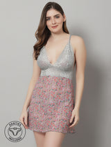 Women's Printed Above Knee Babydoll Dress/ Nightwear Lingerie - Grey