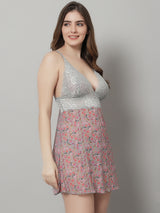Women's Printed Above Knee Babydoll Dress/ Nightwear Lingerie - Grey