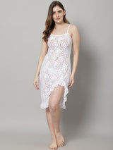 Women's Lace Long Babydoll/ Lingerie Nightwear Long Gown With Gloves -White