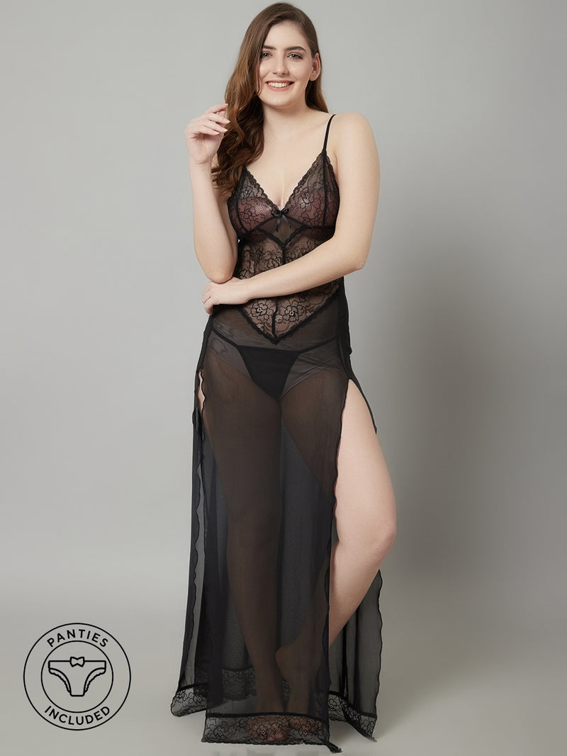 Women's Lace Long Babydoll/ Lingerie Nightwear Long Gown - Black