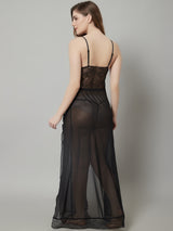 Women's Lace Long Babydoll/ Lingerie Nightwear Long Gown With Gloves- Black