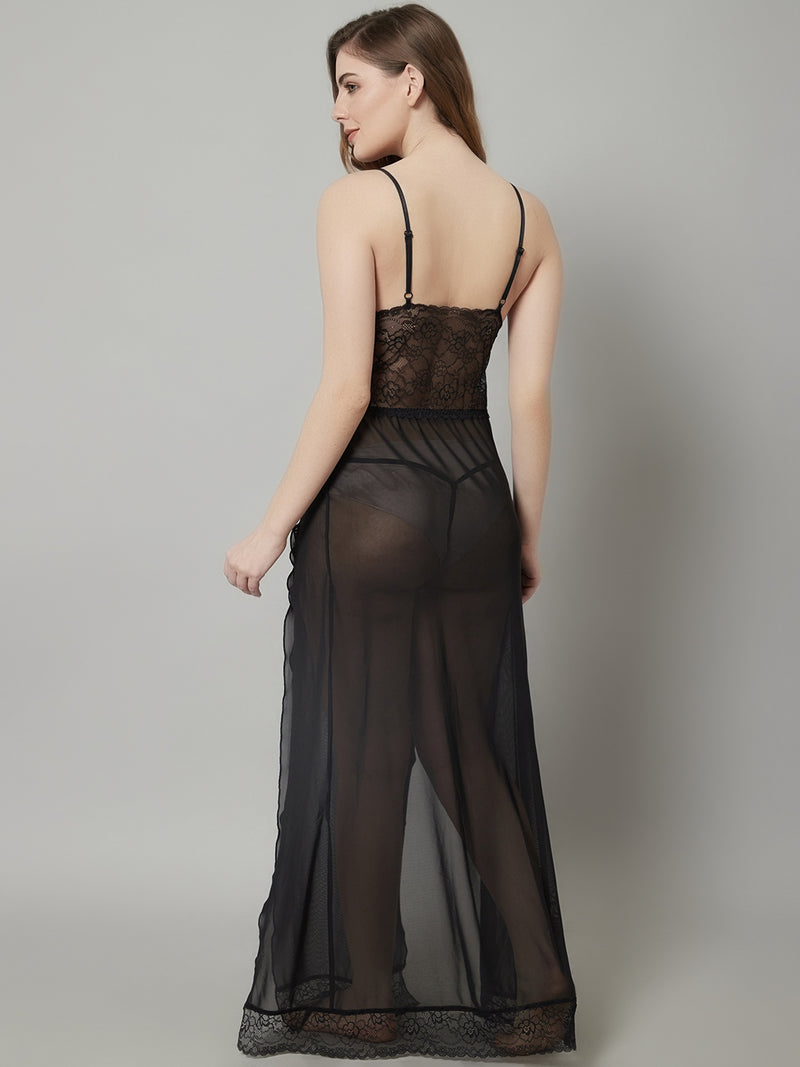 Overall Lacy Ardent Both Side Slite Long Gown - Black
