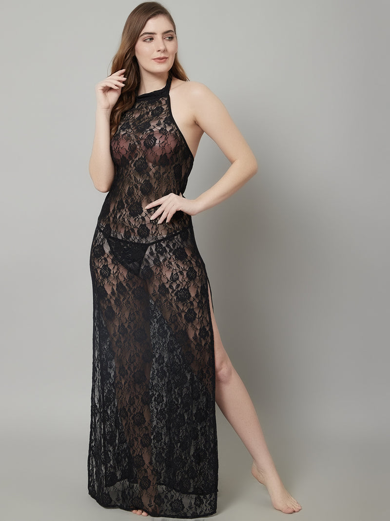 Overall Lacy Halter Neck Long Gown - Black