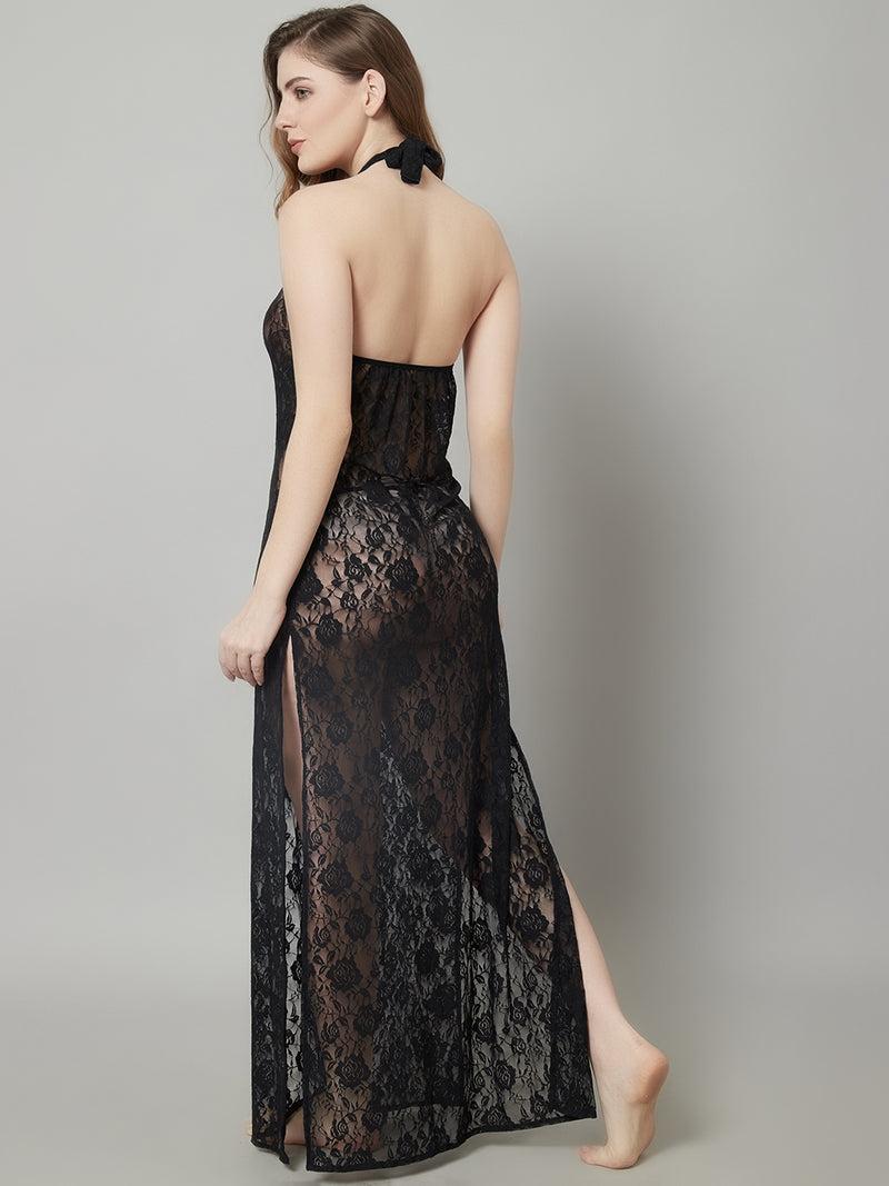 Overall Lacy Halter Neck Long Gown - Black