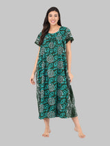 Green & White Women's Floral Printed Cotton Nighty