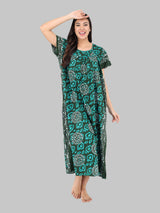 Green & White Women's Floral Printed Cotton Nighty