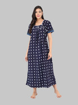 Navy  Blue & White Women's Leaf Print Cotton Nighty