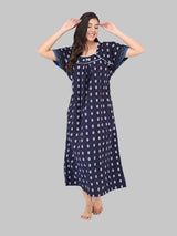 Navy  Blue & White Women's Leaf Print Cotton Nighty