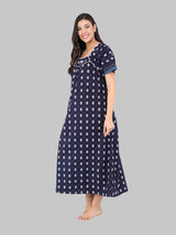 Navy  Blue & White Women's Leaf Print Cotton Nighty