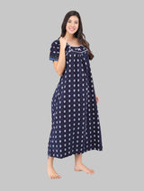 Navy  Blue & White Women's Leaf Print Cotton Nighty