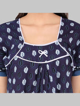 Navy  Blue & White Women's Leaf Print Cotton Nighty