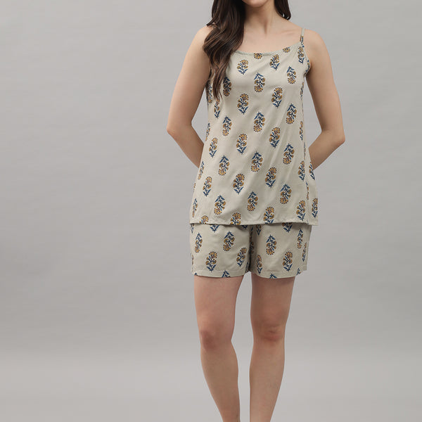 Beige Floral Printed Rayon Women s Night Suit Shorts set by Shararat