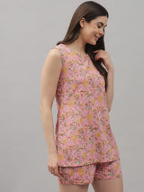 Multicolor Floral Printed Cotton Women's Night Suit-Shorts set