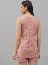 Multicolor Floral Printed Cotton Women's Night Suit-Shorts set
