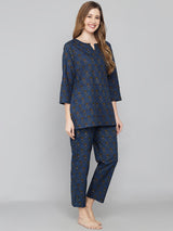 Dark Blue Floral Printed Women's Night Suit