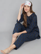 Dark Blue Floral Printed Women's Night Suit