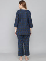 Dark Blue Floral Printed Women's Night Suit