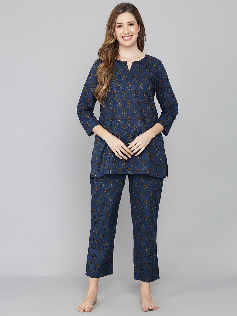 Dark Blue Floral Printed Women's Night Suit