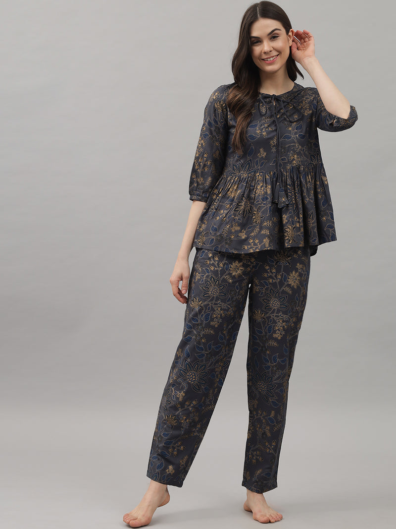 Dark Grey Floral Printed Rayon Women's Night Suit