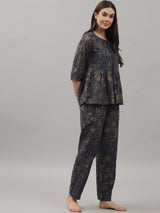 Dark Grey Floral Printed Rayon Women's Night Suit