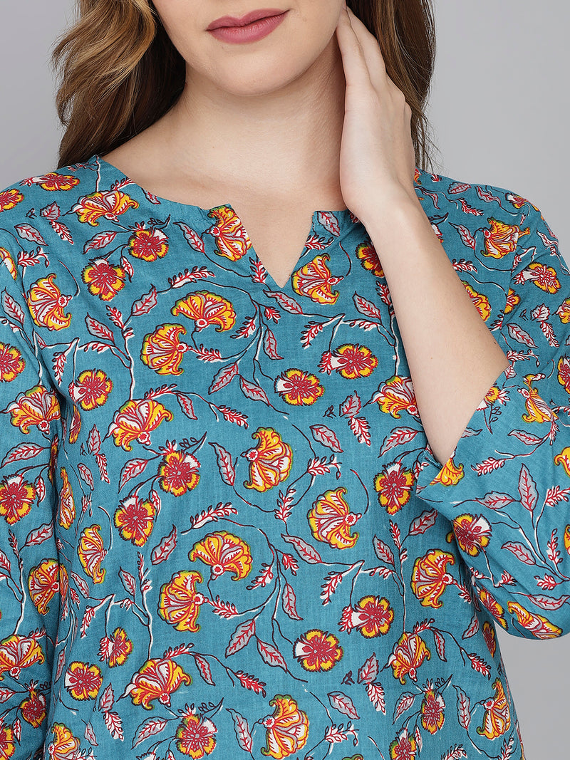 Blue and Yellow Floral Printed Women's Night Suit by Shararat