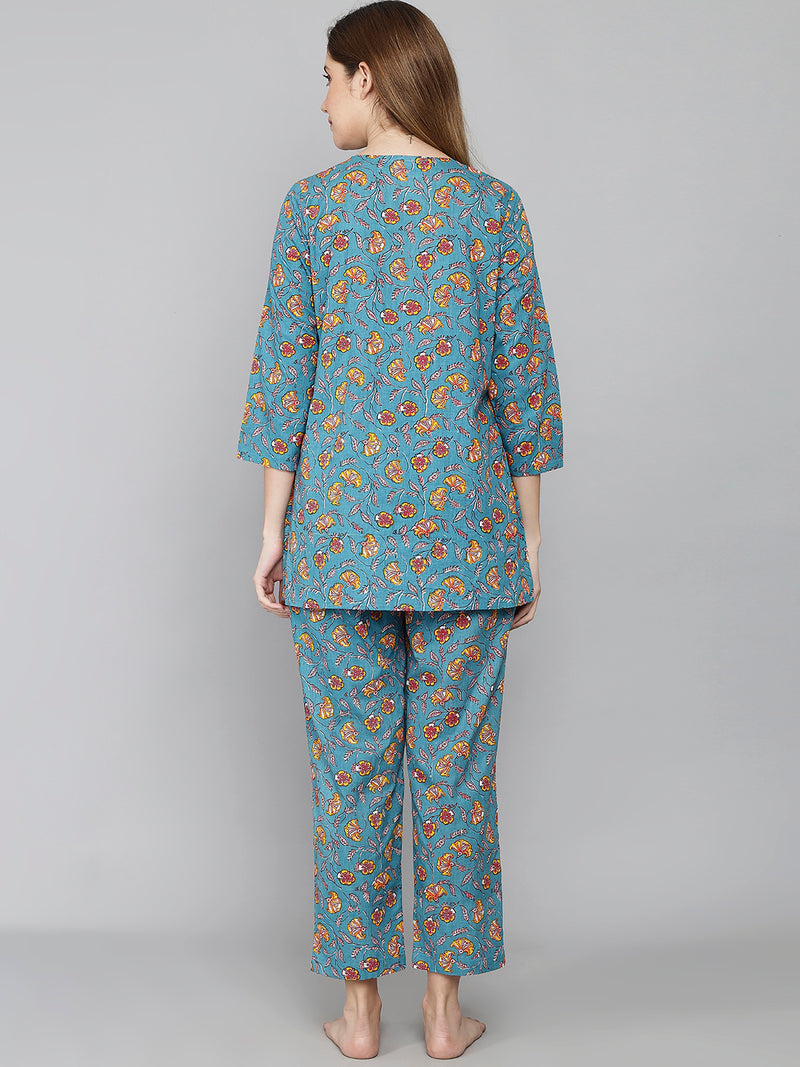 Blue and Yellow Floral Printed Women's Night Suit by Shararat