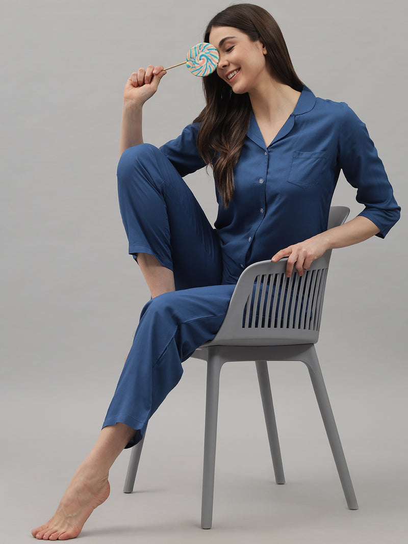 Navy Blue Solid Rayon Women's Night Suit