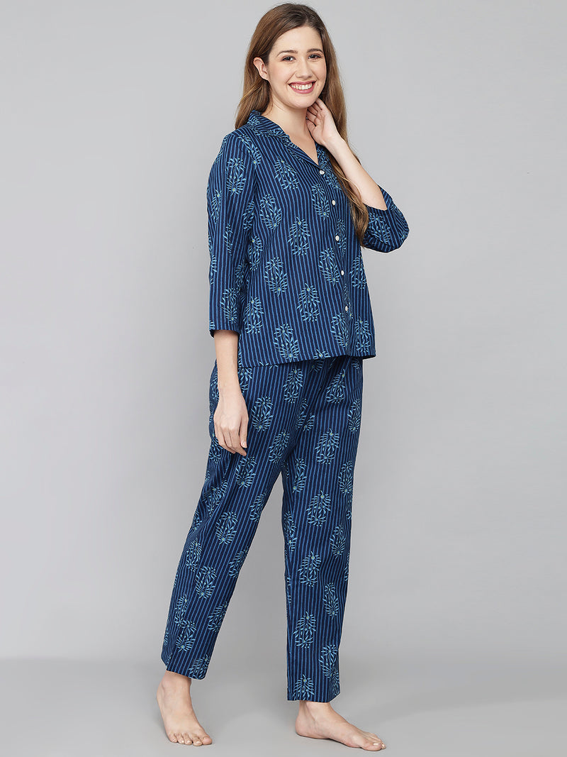 Blue Floral Printed Stripe Women's Night Suit by Shararat