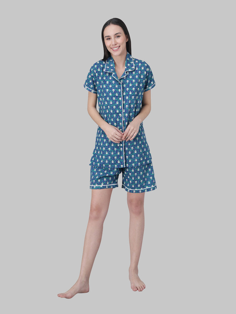 White and Blue Floral Printed Women's Night Suit-Shorts Set