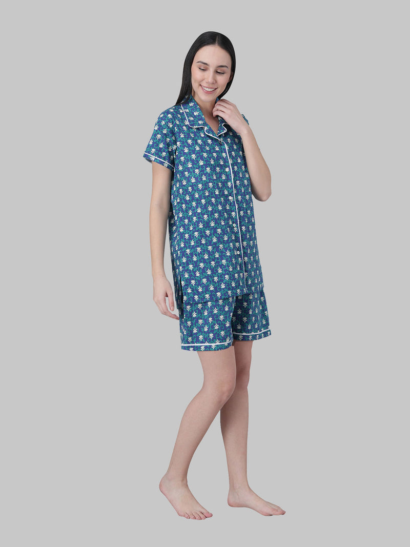 White and Blue Floral Printed Women's Night Suit-Shorts Set