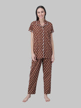 White and Brown Floral Printed Women's Night Suit