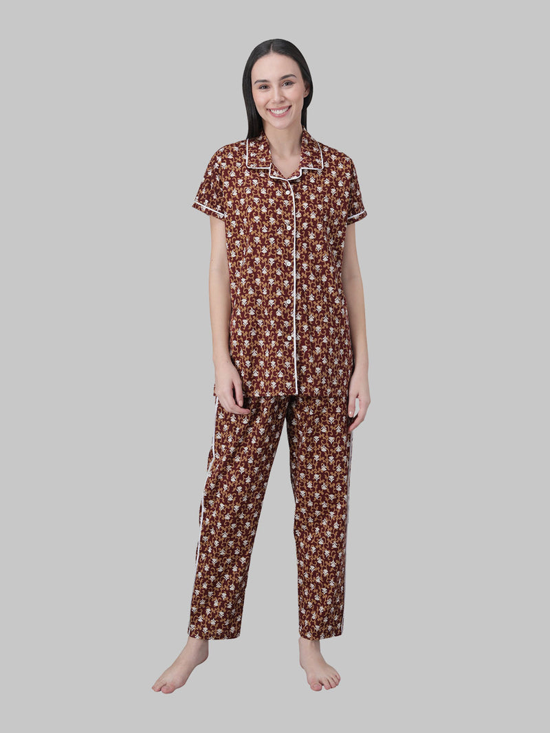 White and Brown Floral Printed Women's Night Suit
