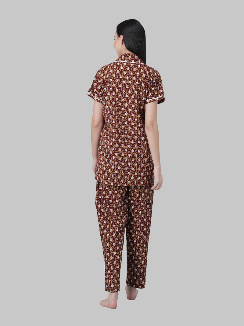 White and Brown Floral Printed Women's Night Suit