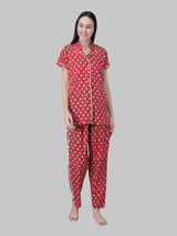 Red and White Floral Printed Women's Night Suit