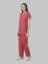 Red and White Floral Printed Women's Night Suit