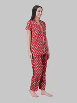 Red and White Floral Printed Women's Night Suit