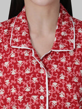 Red and White Floral Printed Women's Night Suit