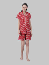 Red and White Floral Printed Women's Night Suit-Shorts set