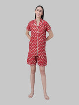 Red and White Floral Printed Women's Night Suit-Shorts set