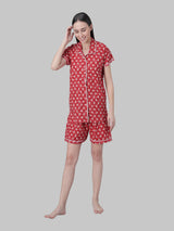 Red and White Floral Printed Women's Night Suit-Shorts set