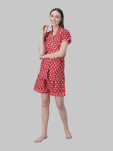 Red and White Floral Printed Women's Night Suit-Shorts set