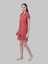 Red and White Floral Printed Women's Night Suit-Shorts set
